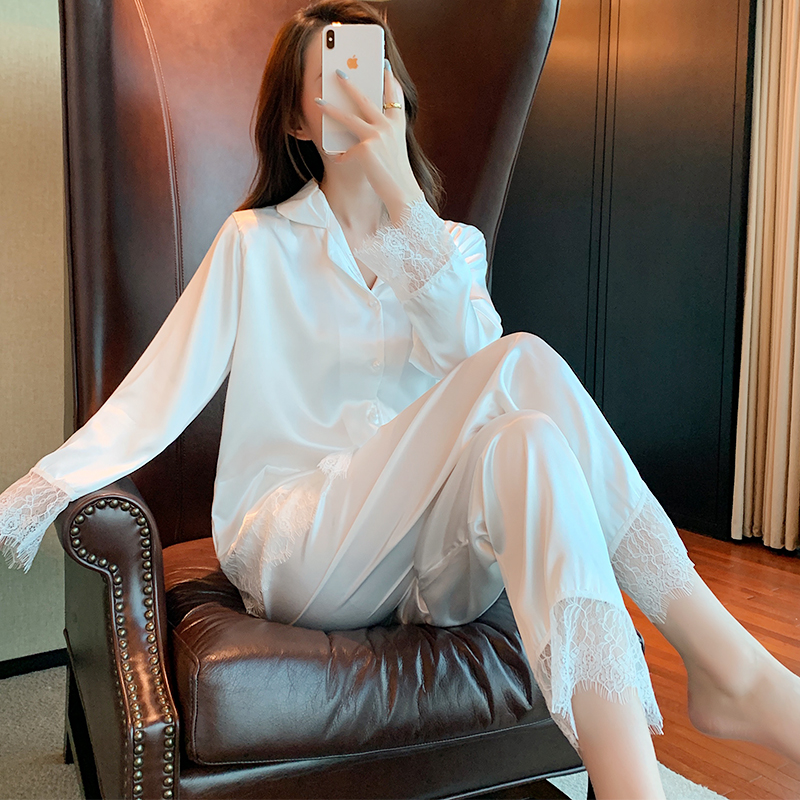 Ice Silk Sleepwear Women's Summer Long Sleeves 2021 New web Red Burst Sweet Beauty Lace Senior Sensation Spring Autumn Home Clothes