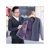 Dads outfit velvet thickened knitted cardigan sweater middle-aged and elderly mens winter coat cotton coat thermal underwear V-neck