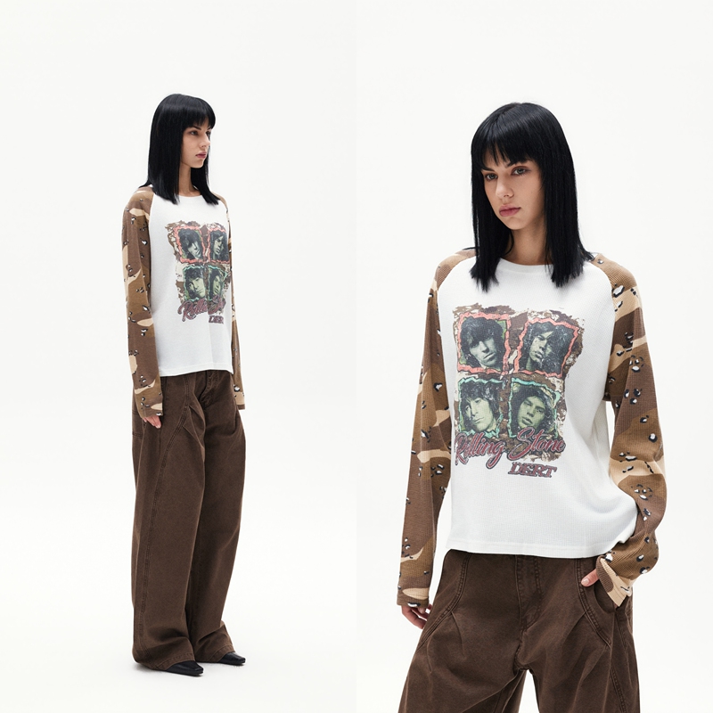 Dert (Rolling Stones) Band Print, Contrasting Color Camouflage Waffle Knit Raglan Long Sleeves