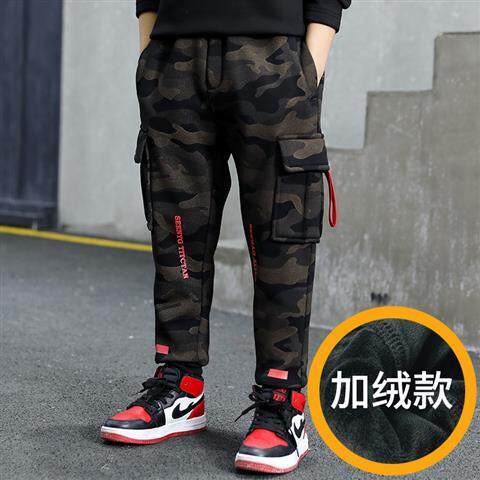 (Plus Velvet Thickening) Boys' Winter and Autumn Casual Pants 2021 Middle and Big Children's Winter Loose Camouflage Workwear Trousers Trend