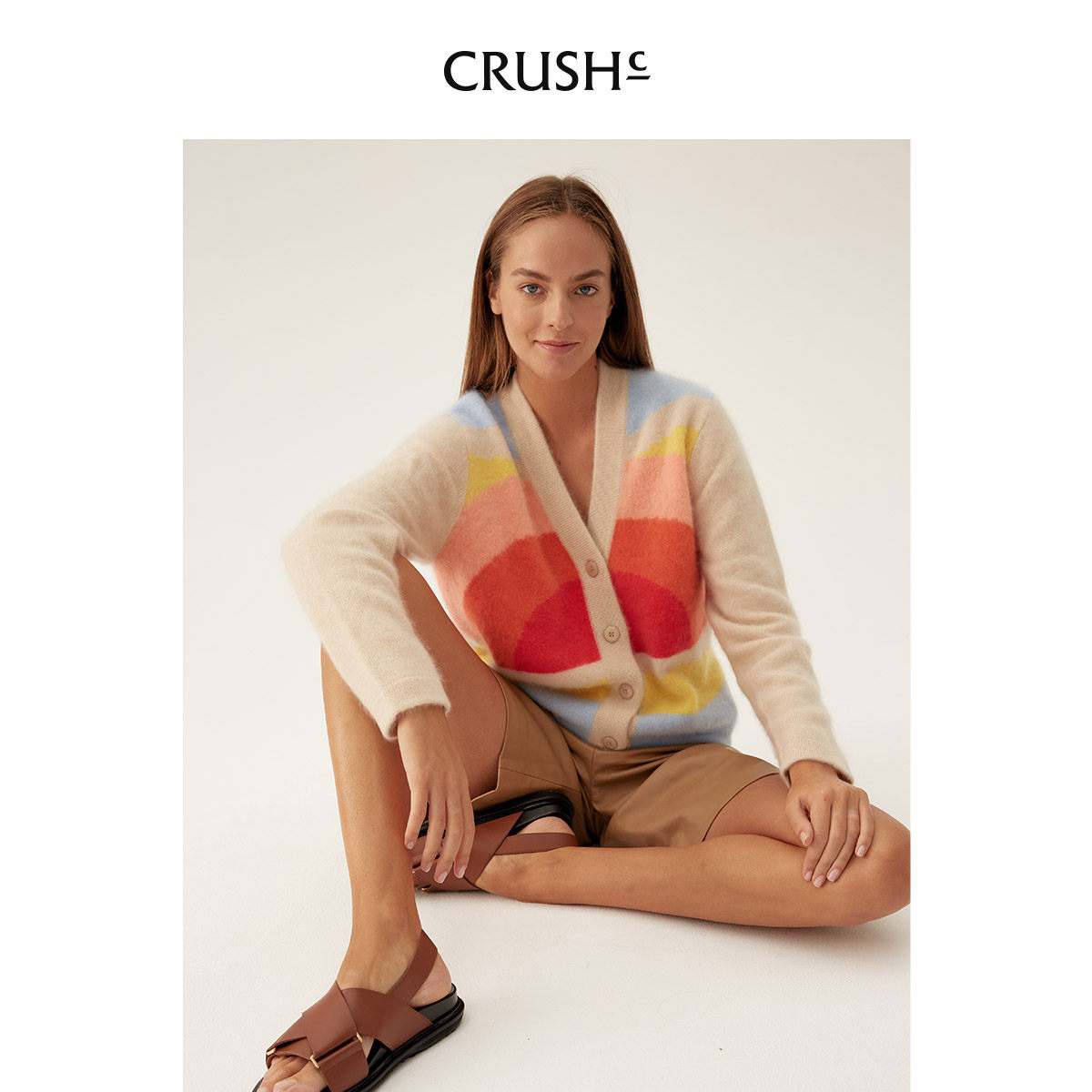 CRUSH Collection fluffy cashmere rainbow cardigan women's autumn and winter short V-neck knitted jacket top