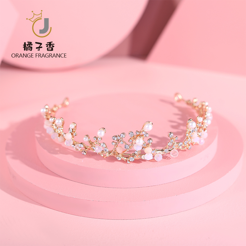 Girl Han Style Golden Crown Crystal Pearl Crown Show Dress Accessories Children's Birthday Hair Band Princess Ornaments