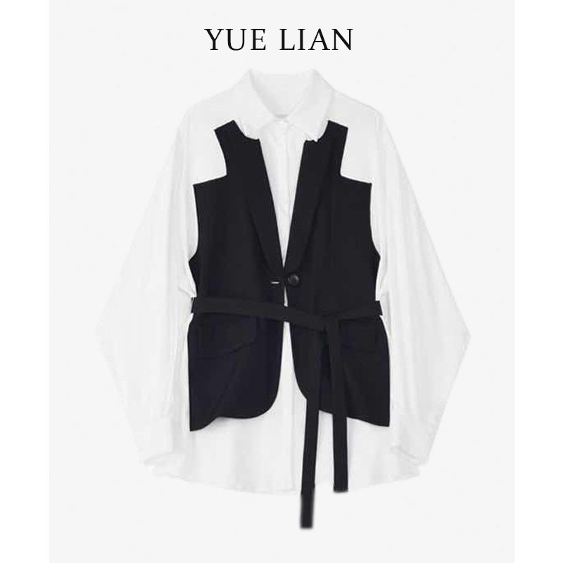 (Hong Kong designer brand) Coloured shirt woman design feeling small and fake two dark black wind blouse suits collar