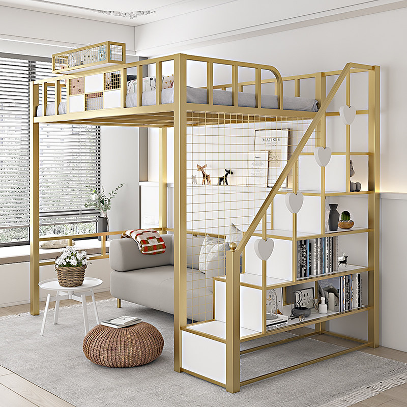 Wrought iron elevated bed under the bed empty double-layer small apartment space-saving pavilion bed upper and lower bunk apartment high and low iron frame bed