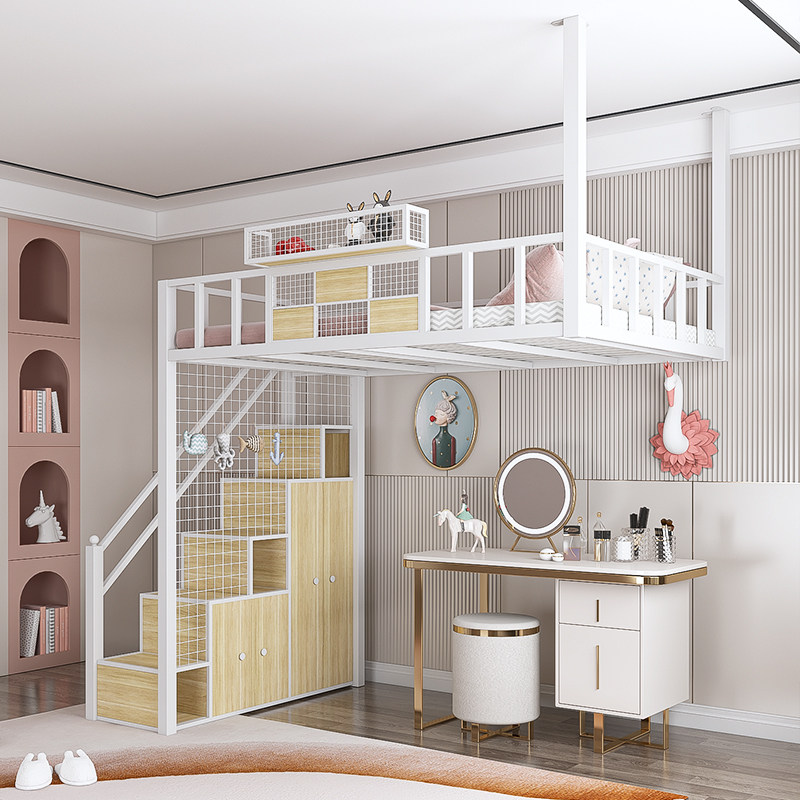 Upper bed and lower table bed wrought iron elevated bed combination male high-end apartment bed dormitory bed wardrobe bed space-saving loft bed female