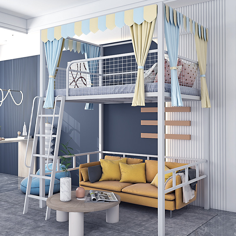 Overhead bed Small family type Multi-functional provincial space Lower empty duplex penthouse Iron art bed Lower table loft suspended-Taobao