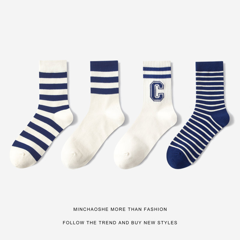 Zhou Yangqing Style Navy Blue Striped Socks for Women, Summer Thick Striped White Mid-Calf Socks, College Style Long Socks