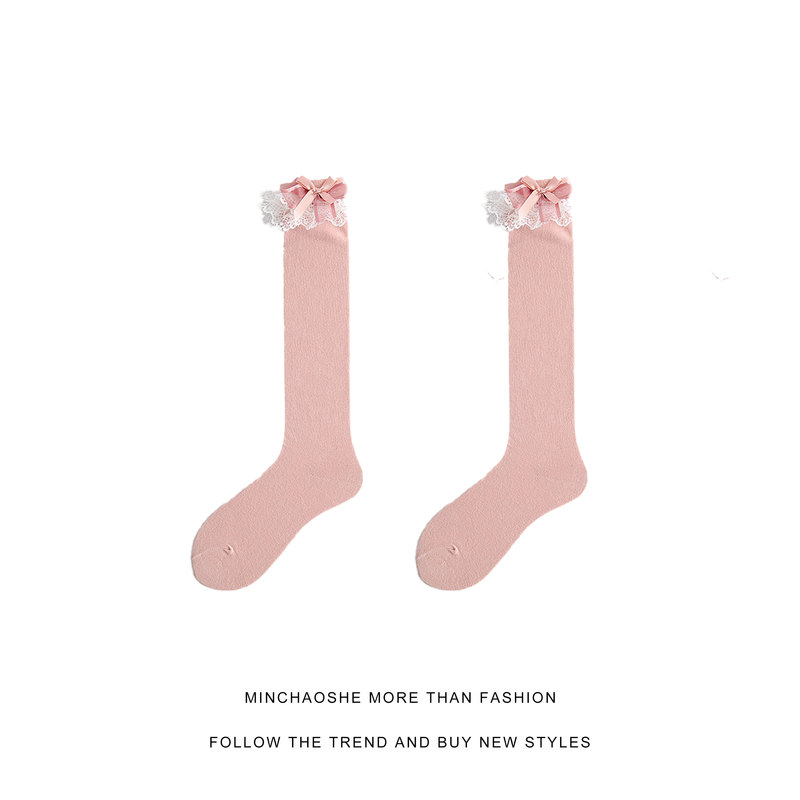 Minchao Pink Calf-Length Socks with Bow Lace Trim, Knee-High Cotton Socks, Versatile Slimming Lolita Socks for Women Minchao Pink Calf-Length Socks with Bow Lace Trim, Knee-High Cotton Socks, Versatile Slimming Lolita Socks for Women