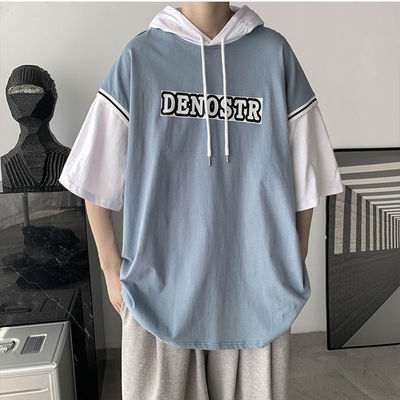 短袖男夏季新款假两件连帽T恤潮宽松半袖