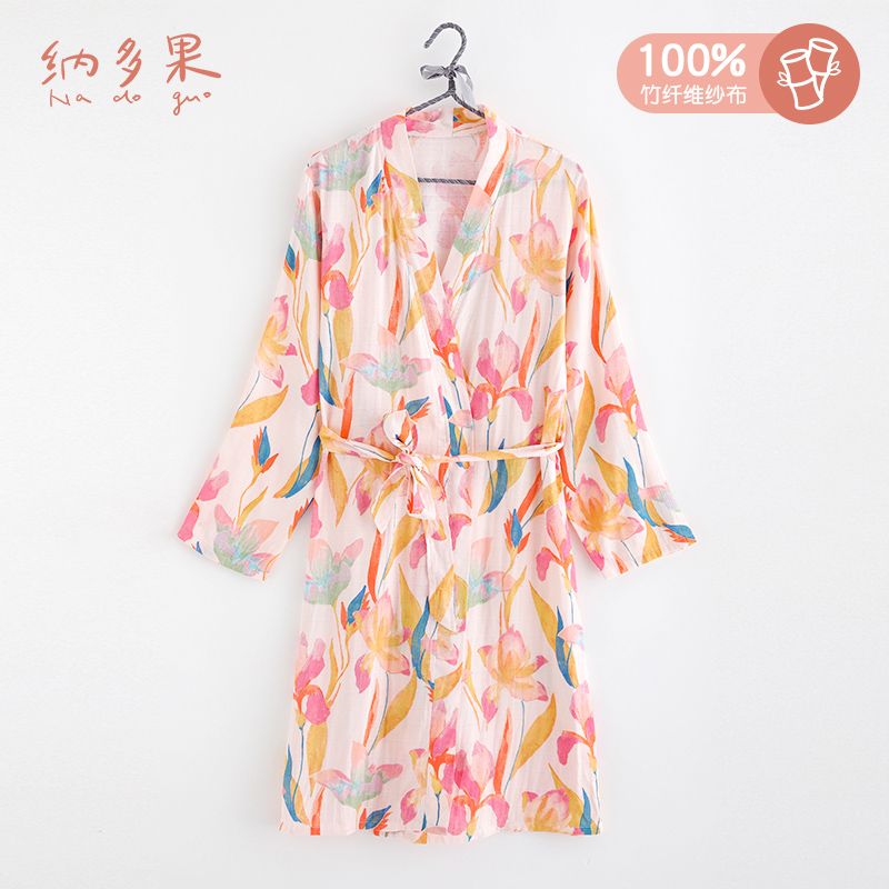 Nato fruit bamboo fiber gauze nightgown Japanese-style bathrobe confinement nursing nightdress home clothes loose long-sleeved pajamas thin