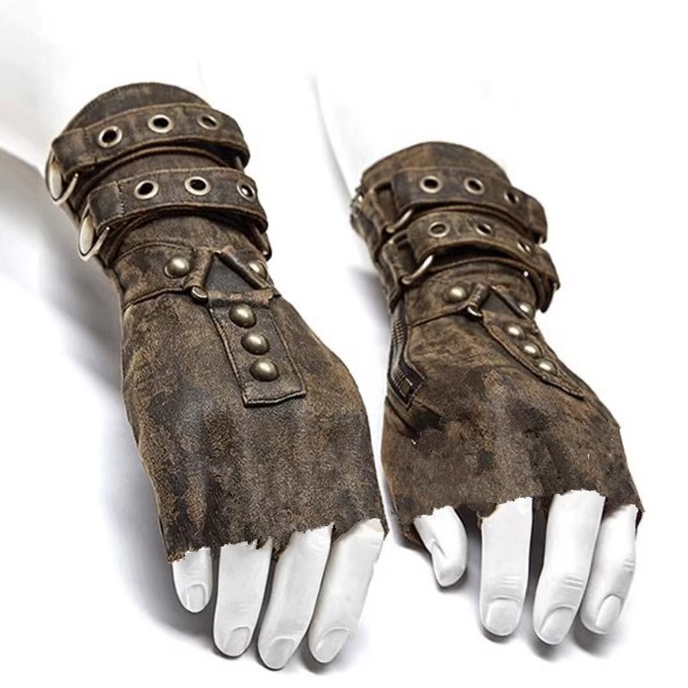 Medieval Steampunk Men's Studded Leather Belt Buckle Gloves Vintage Hand Guards Gothic Fingerless Biker Wrist Guards