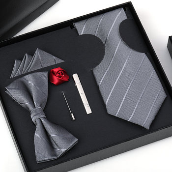 Wine Red Tie Men's Formal Business Wedding Groom's Bow Tie Square Scarf Tie Clip No Need to Tie Zipper 5-Piece Gift Box Set