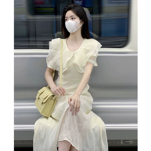 Летнее шифоновое белое платье, длинная юбка, французский стиль, яркий броский стиль, изысканный стиль