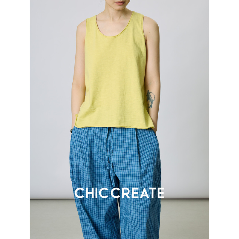 Relaxed Japanese Style~ Indigo-Dyed Slub Cotton Loose-Fitting Rolled-Edge Crew Neck Sleeveless Vest Top for Women Summer