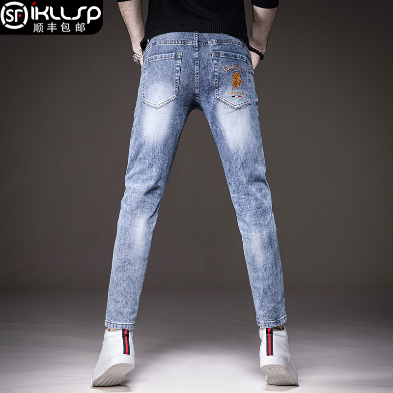 Jeans young men's micro-elastic slim mid-waist trousers trendy brand casual cropped pants 2022 spring and autumn new light luxury