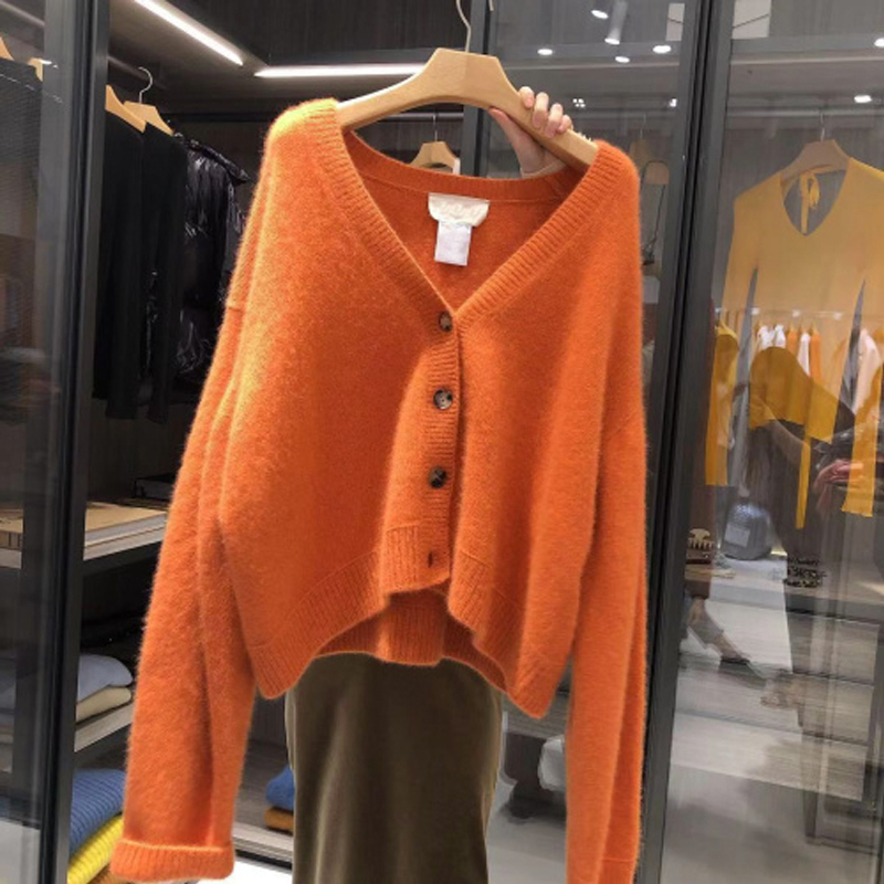 Orange Short Batwing Sleeve Faux Mink Knit Cardigan for Women 2026 Autumn and Winter New V-Neck Sweater Coat Trendy Orange Short Batwing Sleeve Faux Mink Knit Cardigan for Women 2026 Autumn and Winter New V-Neck Sweater Coat Trendy