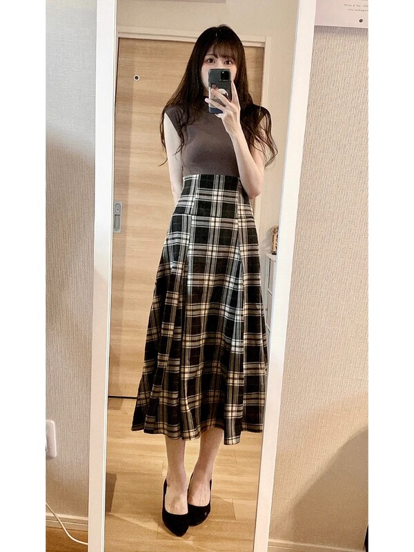 Grl Japanese Sweet Style All-Season Plaid Side Zipper Elastic Waist Fake Two-Piece High-Waisted Slimming Dress Rut934