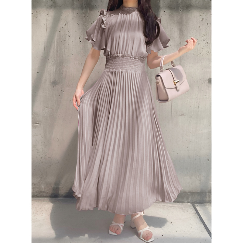 Grl New Japanese-Style Sweet Ruffled Bow Solid Color Simple Long Pleated Dress Al142
