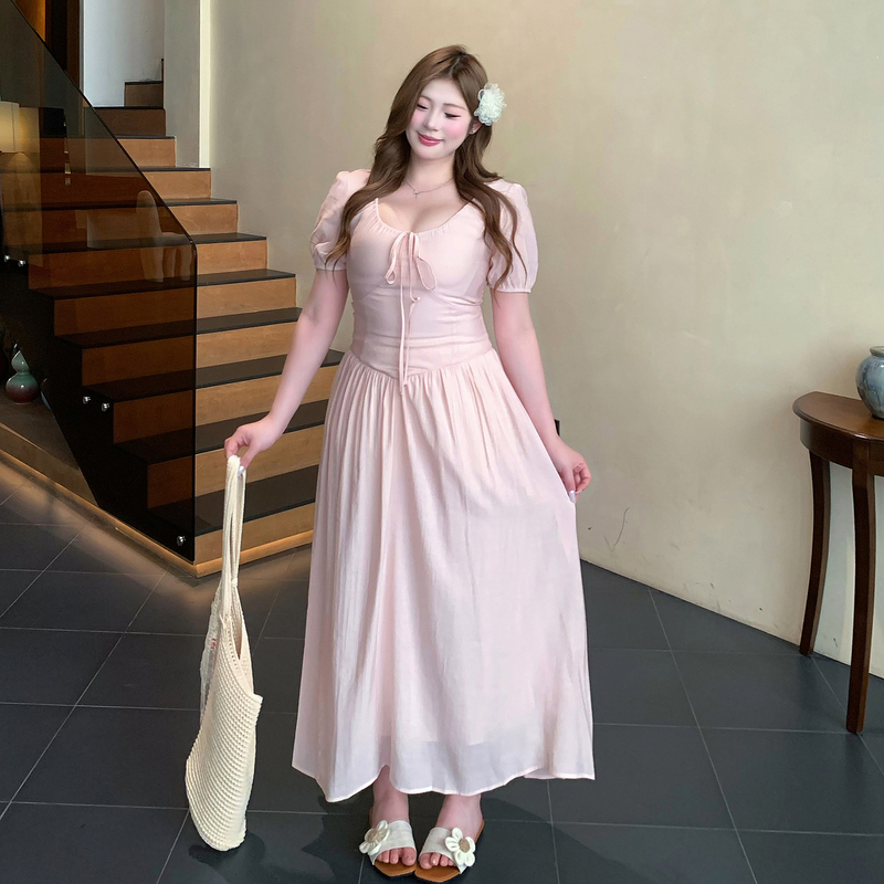 Petite Qiao Plus-Size Women's Clothing French-Style Pink Puff-Sleeve Dress for Chubby Women, Gentle Style, Waist-Cinching, Slimming, Elegant Long Dress