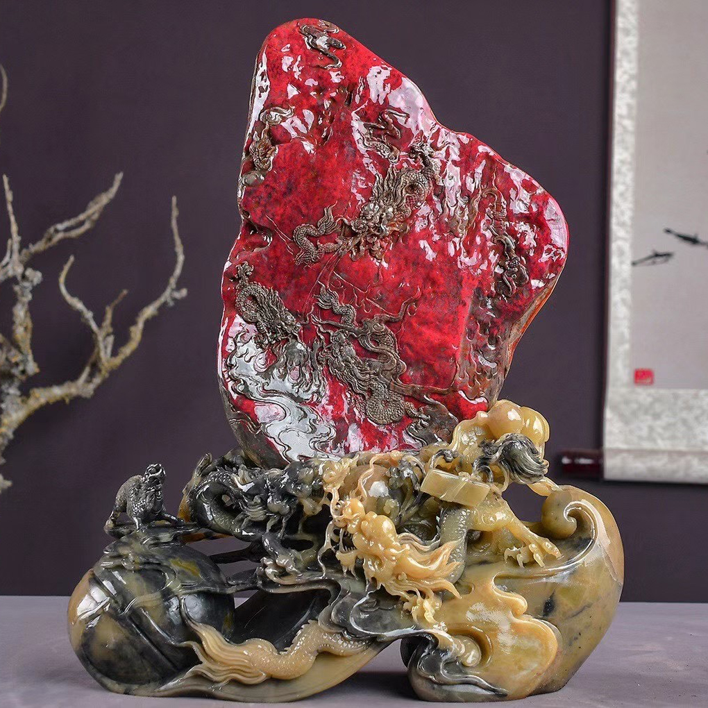 Changhua Bahrain Guilin chicken blood stone original stone ornament bottom sand handle piece landscape landscape strange stone carving ornamental jade