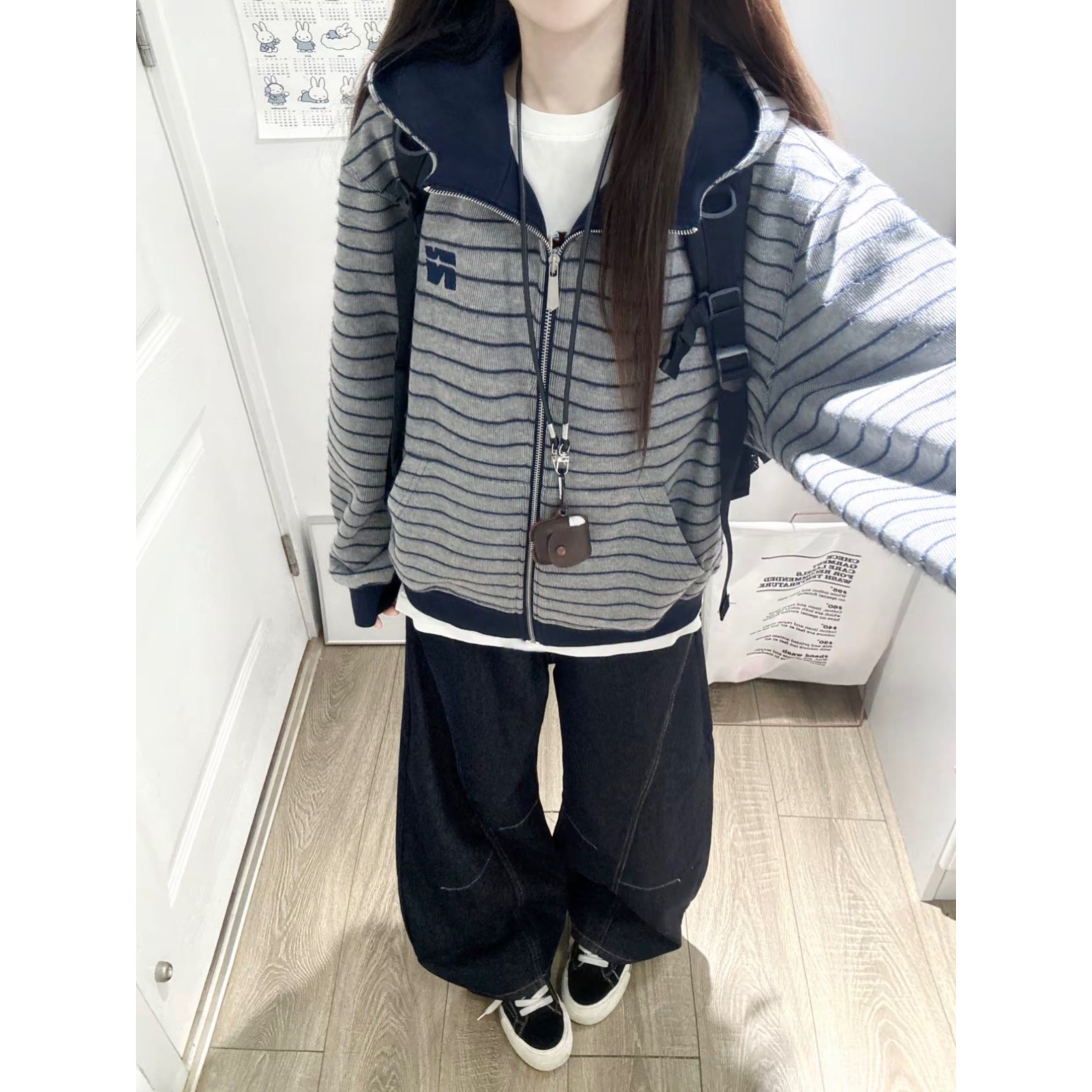 美式复古撞色条纹刺绣开衫卫衣女宽松慵懒风情侣连帽春秋潮牌外套