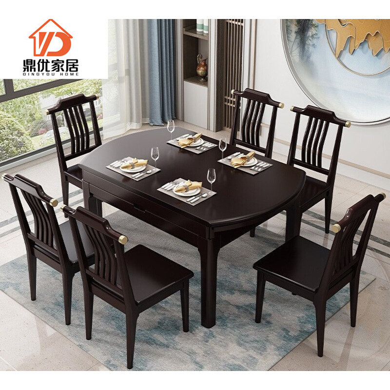 Light extravagant New Chinese full solid wood dining table and chairs combined with telescopic folding round dining table small family type variable round table-Taobao