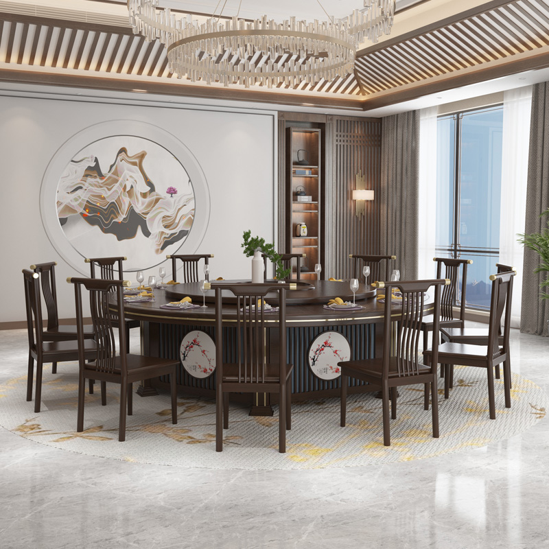 Hotel electric dining table Large round table New Chinese style 15 20 people Walnut color 2 2 Rice hall Hotel box