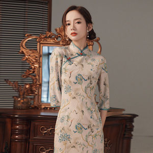 2021春新款七分袖旗袍鹿皮绒中长连衣裙