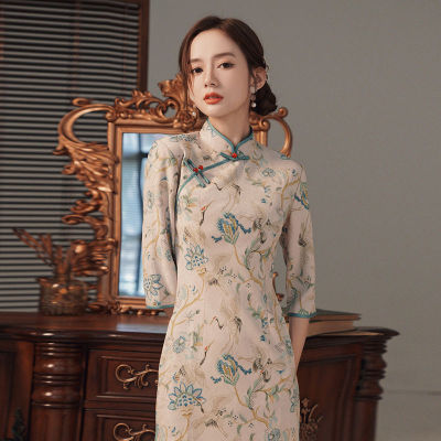 2021春新款七分袖旗袍鹿皮绒中长连衣裙