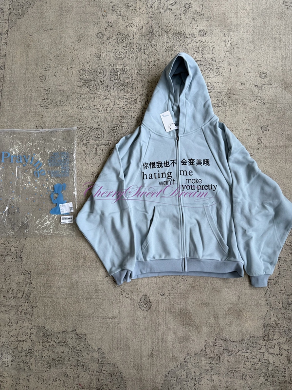 Pre*Praying Style Hating Me Sky Blue Sky Blue Raglan Sleeve Zip-Up Hoodie Pre*Praying Style Hating Me Sky Blue Sky Blue Raglan Sleeve Zip-Up Hoodie