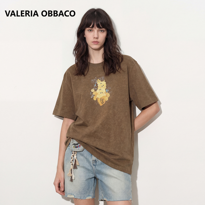 Valeria Obbaco High-End Brown Distressed Banana Graffiti Short-Sleeve Versatile Women's T-Shirt