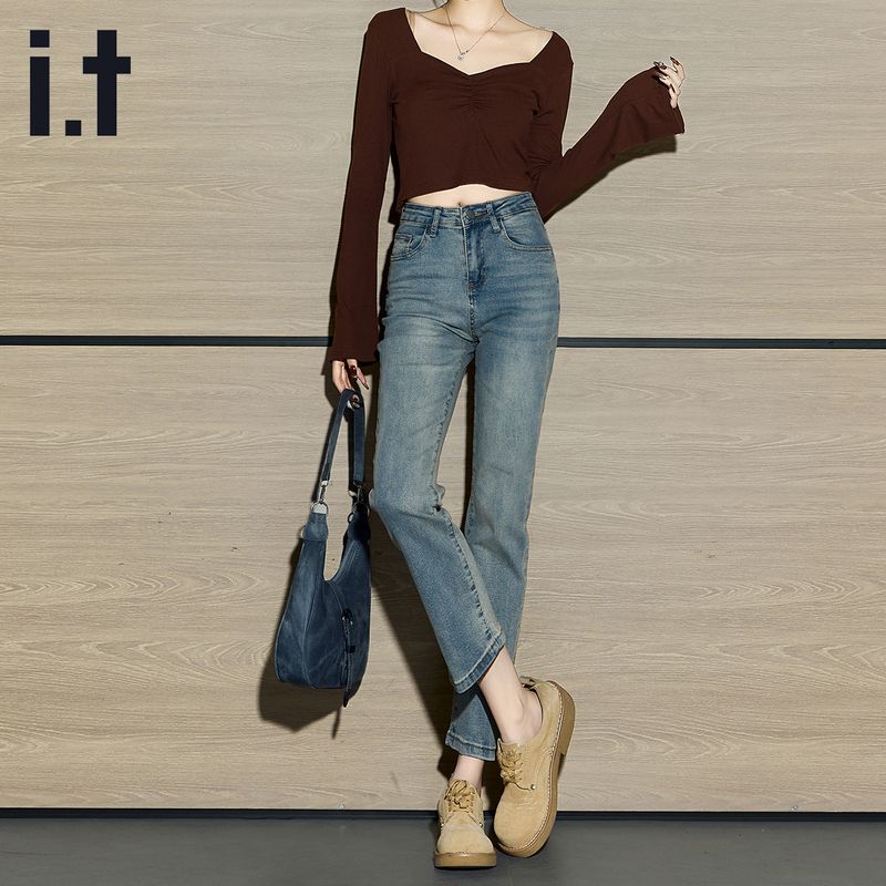 It Izzue Autumn and Winter Straight Loose Cigarette Pants High-Waisted Versatile Vintage Washed Denim Casual Women's Jeans It Izzue Autumn and Winter Straight Loose Cigarette Pants High-Waisted Versatile Vintage Washed Denim Casual Women's Jeans