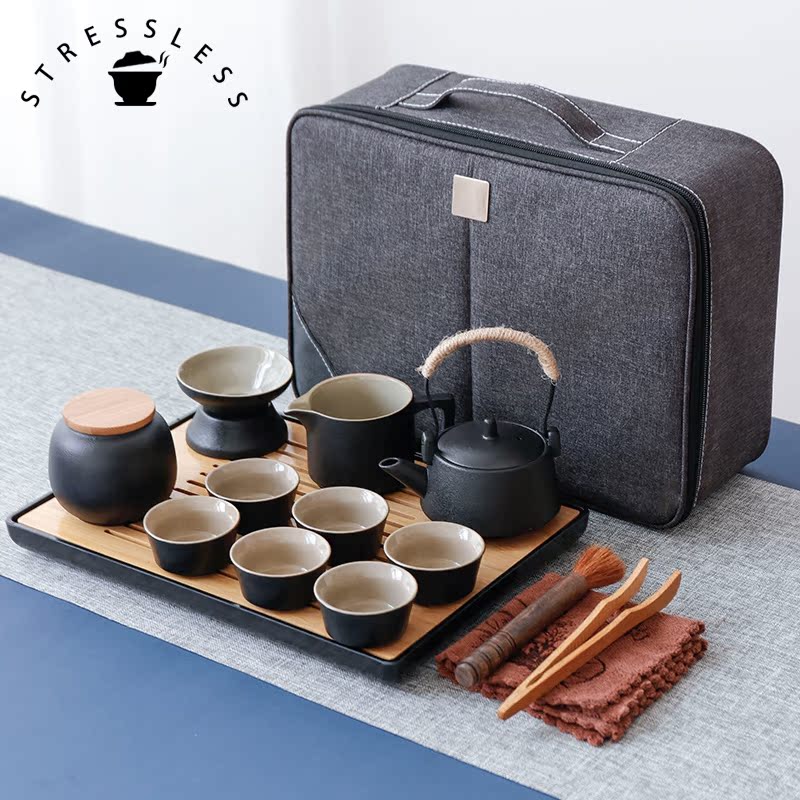 Japanese Kung Fu Travel Tea Set Portable Tea Pot Outdoor Black Ceramic Set Tea Art Customized