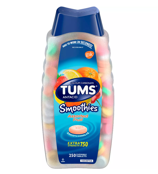 American TUMS Smoothies Mixed Fruity Anti-Acid Chewable Calcium Tablets 750mg 250 tablets