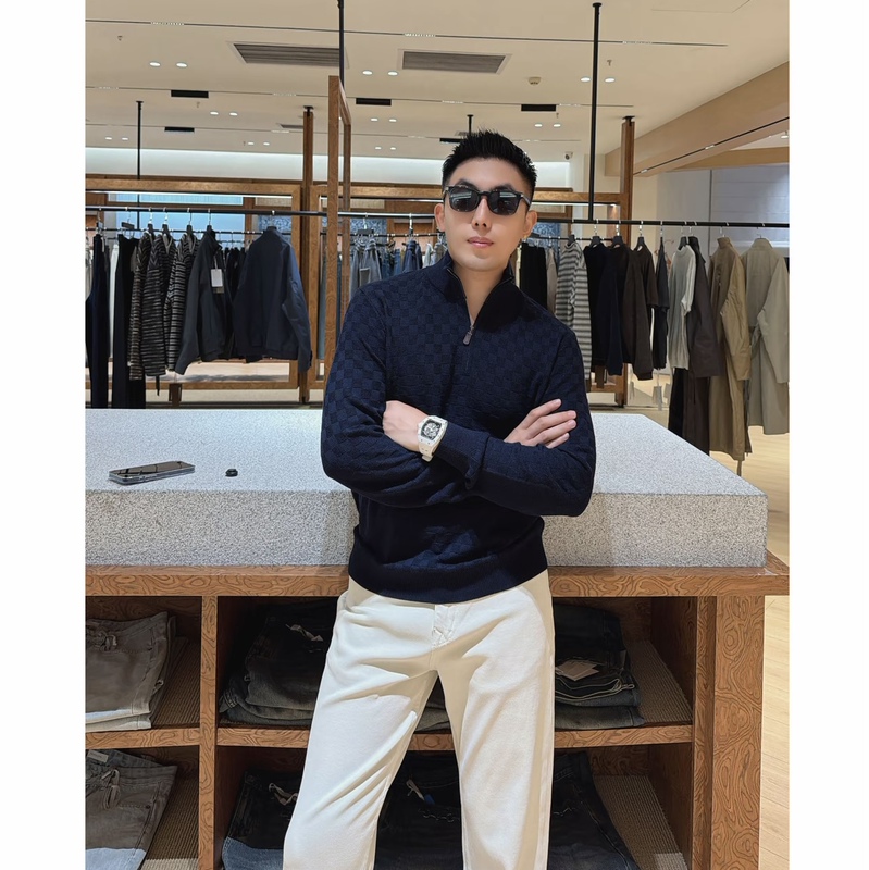 [Checkerboard Pattern Half-Zip Sweater] Mulberry Silk and Sheep Wool Half-Zip Knit Sweater, High-End Men's Long-Sleeve Clothing