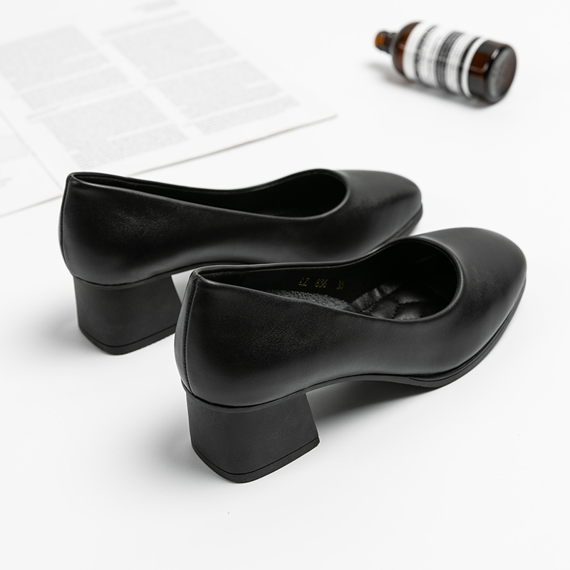 Work Shoes for Women, Black Shallow Leather Shoes, Medium Heel, Thick Heel, High Heels, Comfortable for Long Standing, Professional Formal Wear, Soft Sole Single Shoes for Women