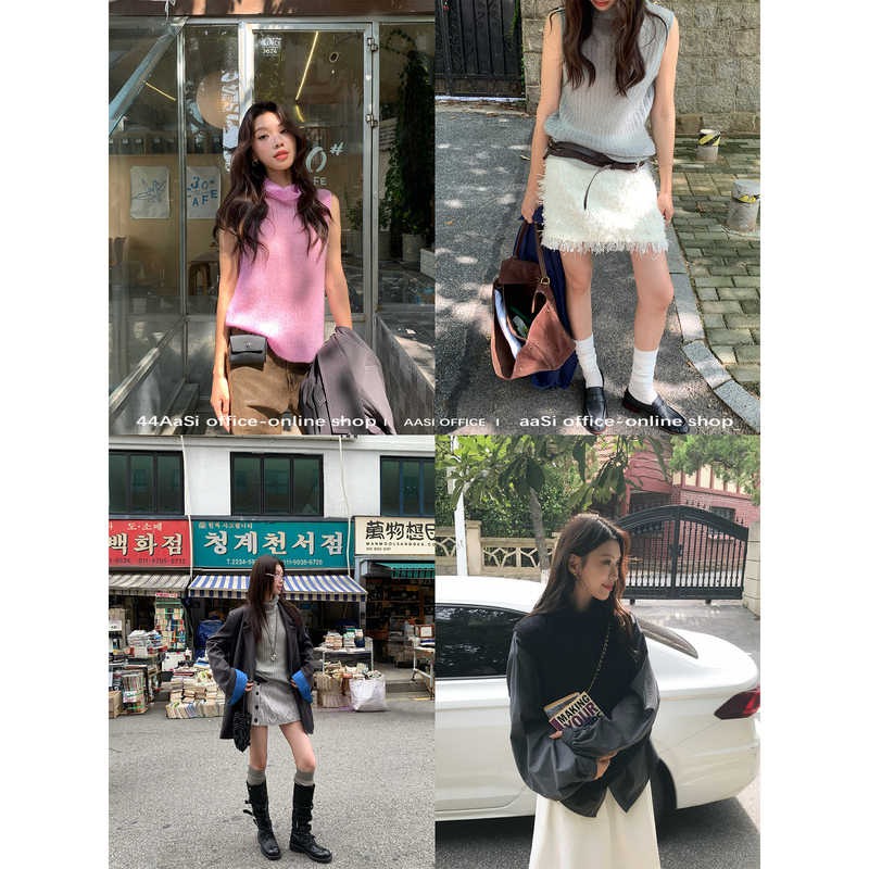 44Aasi High Proportion Mohair 3-Color Turtleneck Knitted Sleeveless Inner Layer Base Vest Knit Top