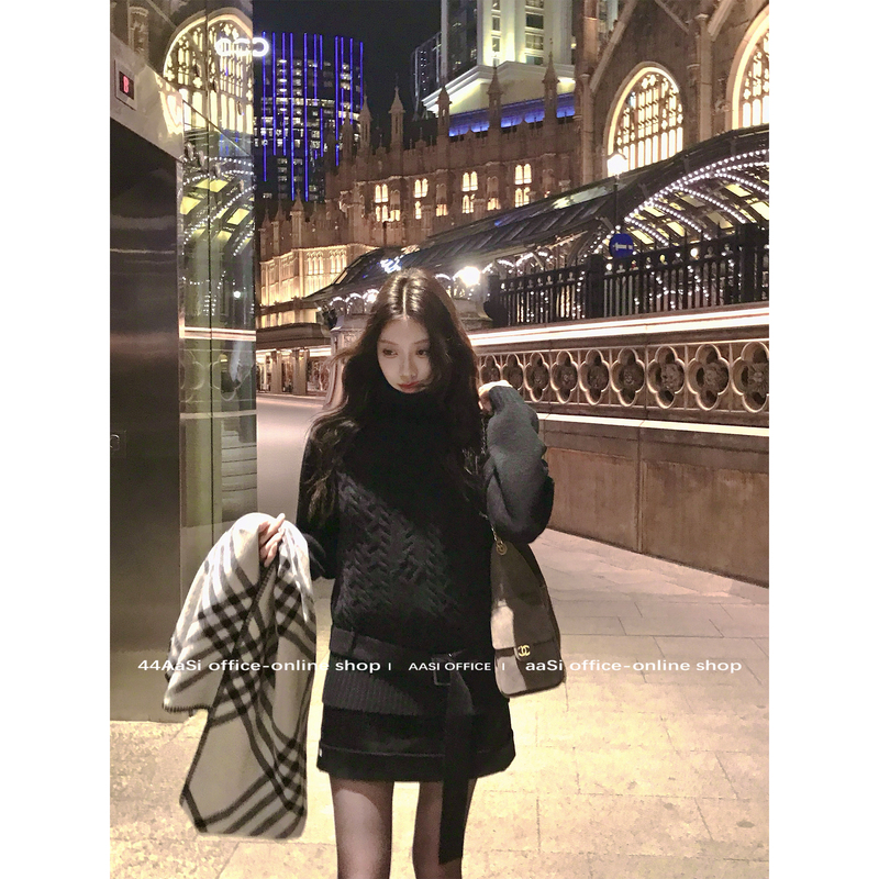 [Clearance 40% off] 44Aasi Disordered Girl High Neck Cable Knit Sweater with Belt Autumn/Winter Top