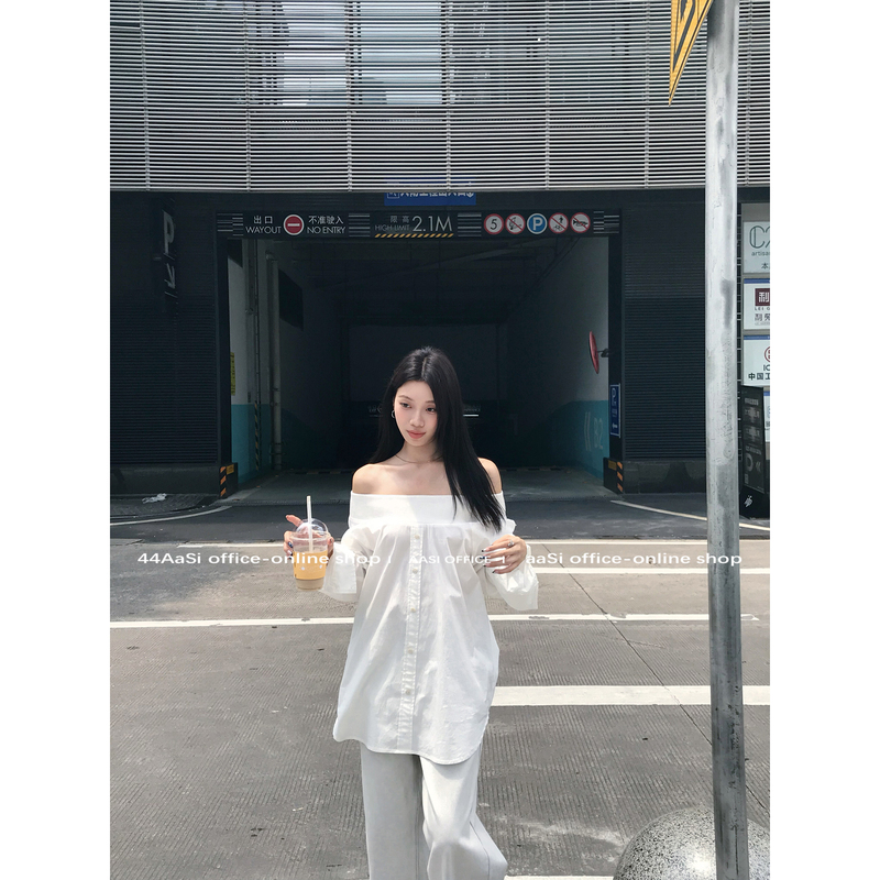 44Aasi Clear White Magnolia Threaded Patchwork Off-Shoulder Faux Placket Loose Fit Korean Style Shirt