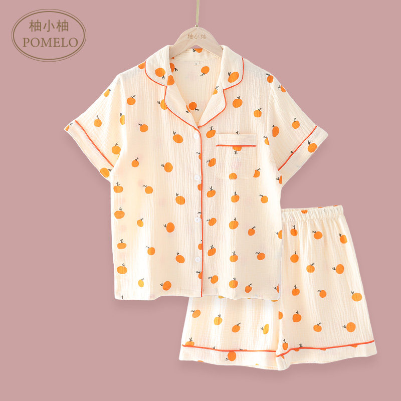 Summer thin cotton gauze in wind Japanese Yuan orange whole cotton home short sleeve shorts suit household clothes