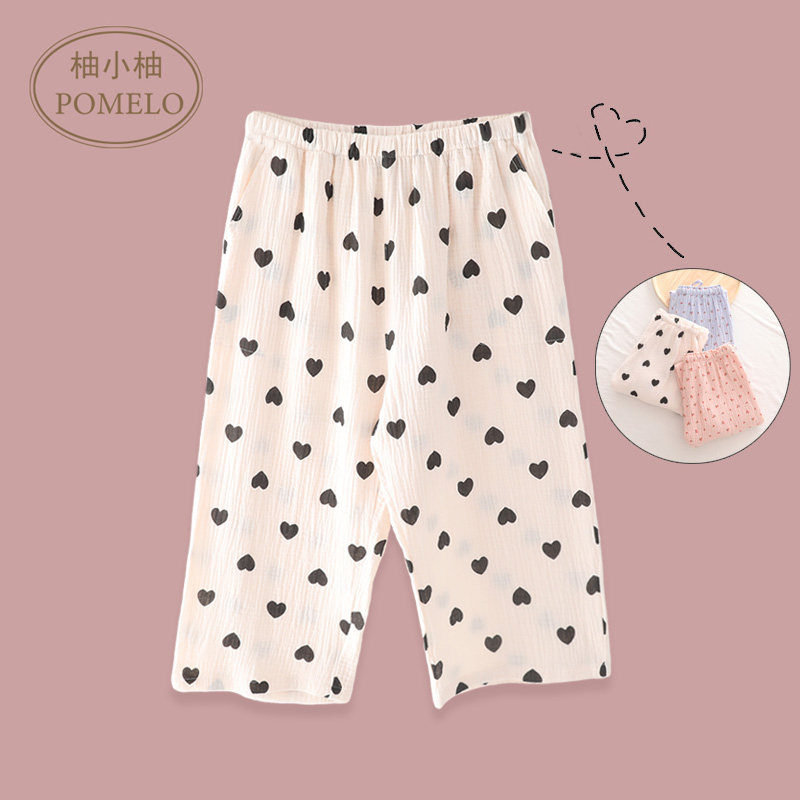 Summer thin cotton gauze loose home pants printed cotton love home shorts cropped pants air-conditioning pants pajama pants women
