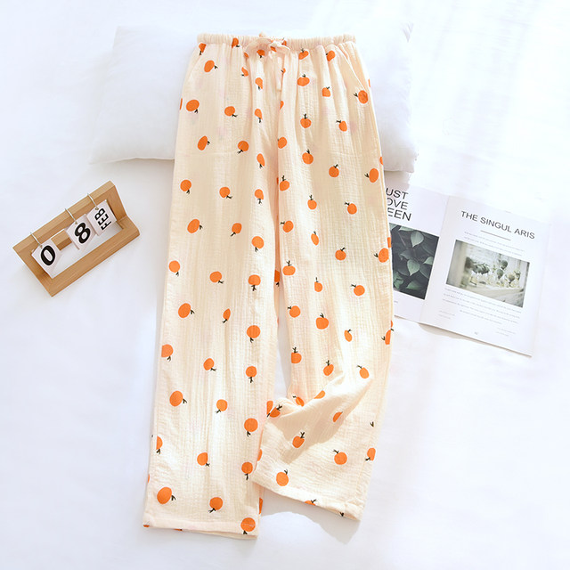 ins spring and summer pure cotton gauze bubble cotton simple cherry print loose cotton air conditioning thin home pants pajamas for women