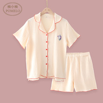 ins summer thin pure cotton gauze full cotton creamy cloth cartoon embroidery V collar short sleeve shorts easy home clothes sleepwear