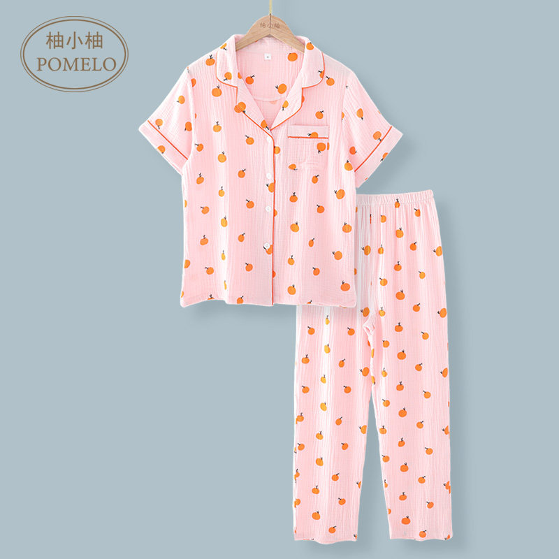 Summer thin cotton gauze bubble cotton yarn cotton orange in Japanese short sleeve trousers