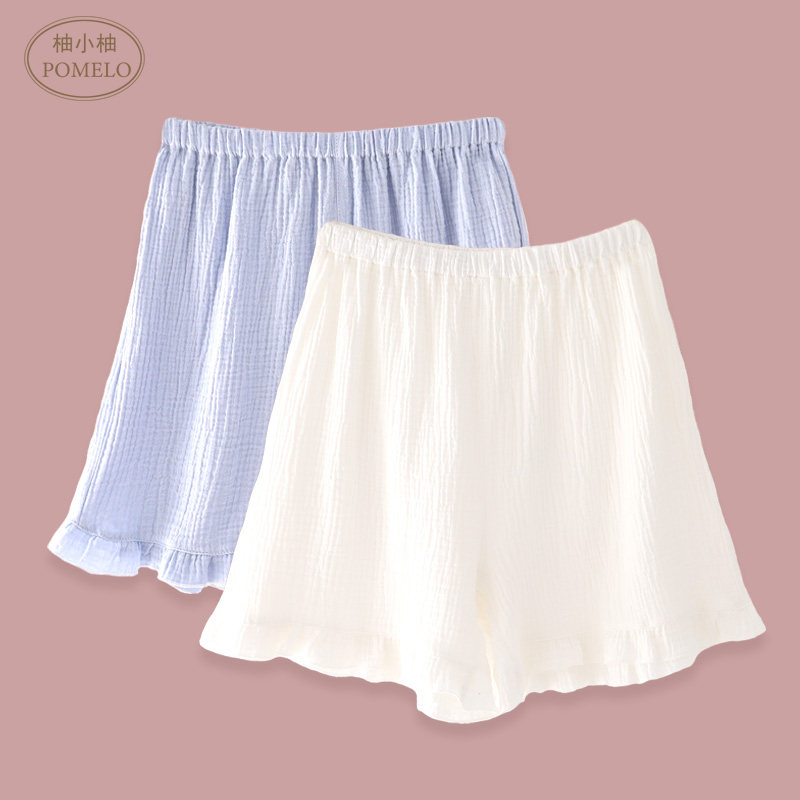 ins summer thin section pure cotton gauze white blue pure color minimalist high waist floral side full cotton sleeping pants home shorts women