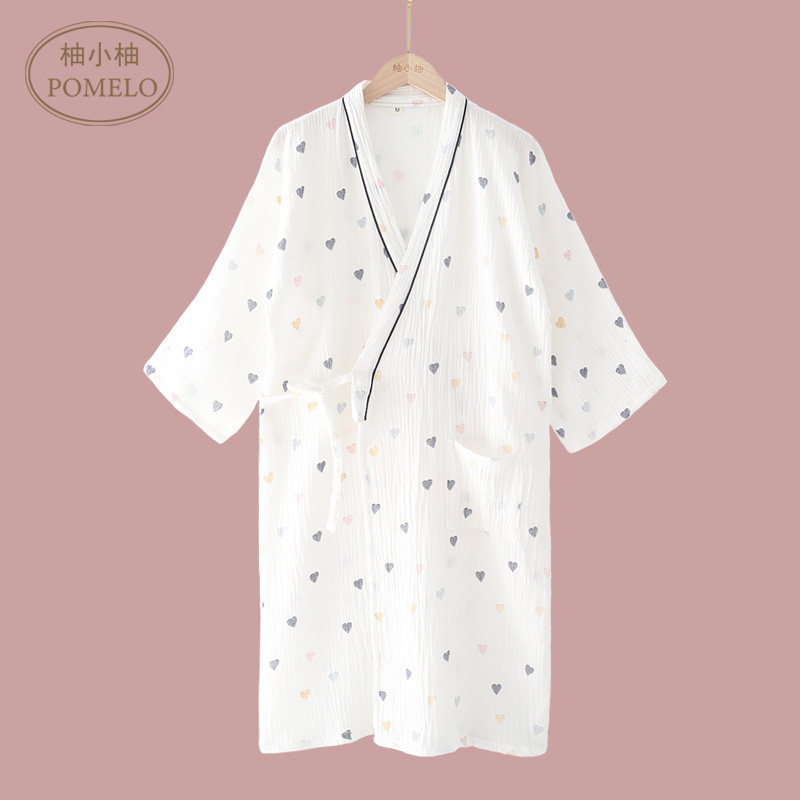 ins summer thin cotton gauze simple love print Japanese bubble cotton cotton kimono nightgown bathrobe women
