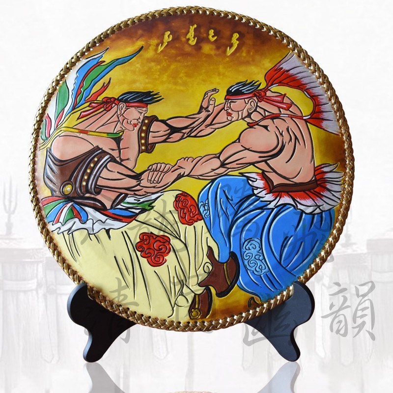 High-end Inner Mongolia featured handicraft leather carving art Mongolian leather painting pure cow leather hand-painted Boktu