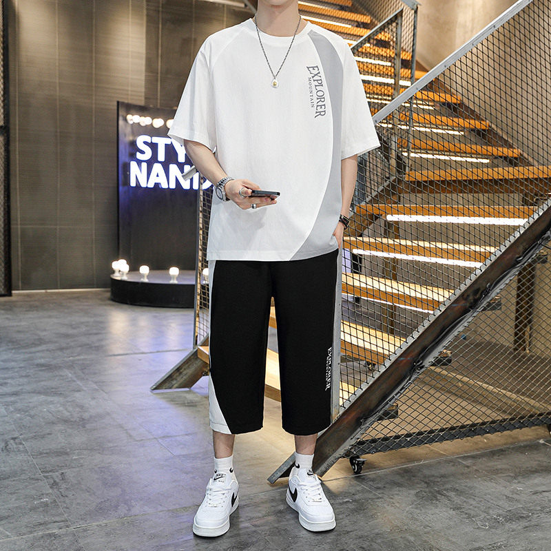 Summer pajamas suit men's ice wire leisure and loose short sleeve seven pants trend with a set of two thin sets