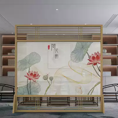 New Chinese screen partition office hotel living room entrance double-sided landscape painting solid wood mobile seat screen decoration