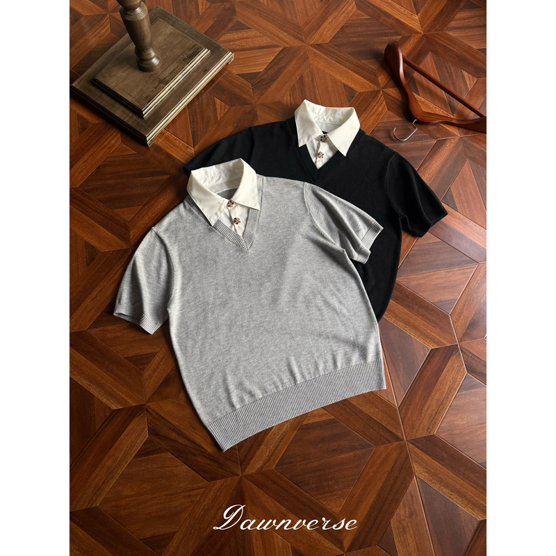 Dawnverse "Court Gems" Faux Two-Piece V-Neck Polo Cashmere Blend Knit Short-Sleeve Elegant Old Money Style Dawnverse "Court Gems" Faux Two-Piece V-Neck Polo Cashmere Blend Knit Short-Sleeve Elegant Old Money Style